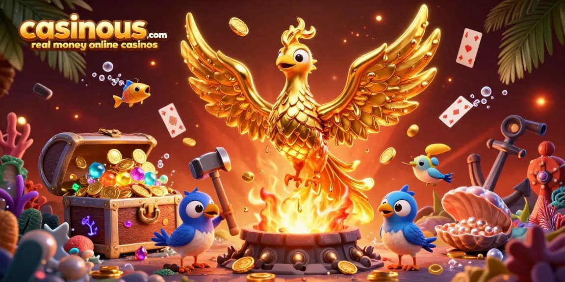 Engage with casinous.com real money online casinos as a phoenix emerges, surrounded by treasure and excitement.