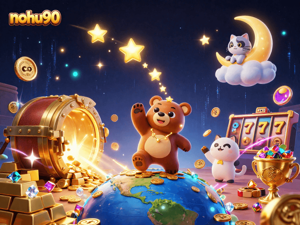 Engage with nohu90's thrilling slots experience as a constellation bear collects coins amidst dazzling casino treasures.