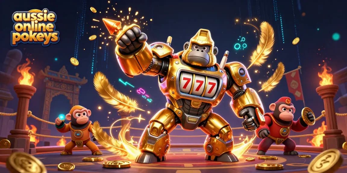 Aussie online pokies feature a dynamic gorilla mech, coins, and thematic elements for an engaging casino atmosphere.