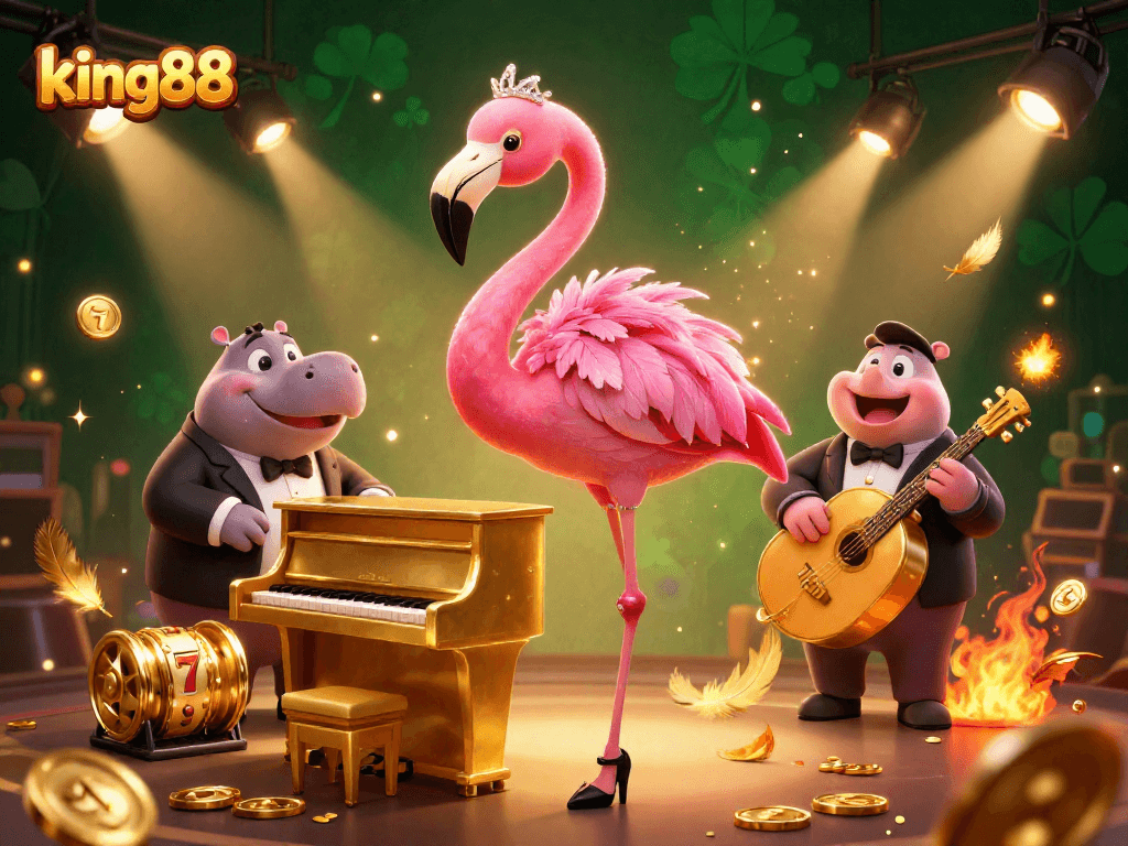 Experience king88's vibrant casino scene with a singing flamingo and hippo bassist amidst colorful slots.