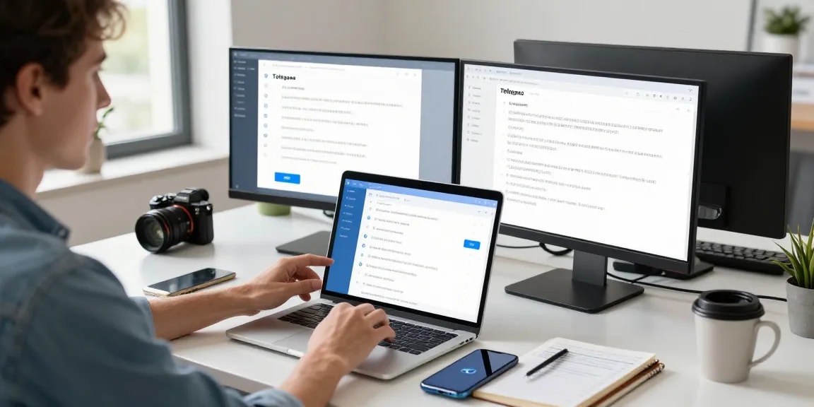 Adjusting Telegram Chinese Version settings on a laptop in a bright tech workspace