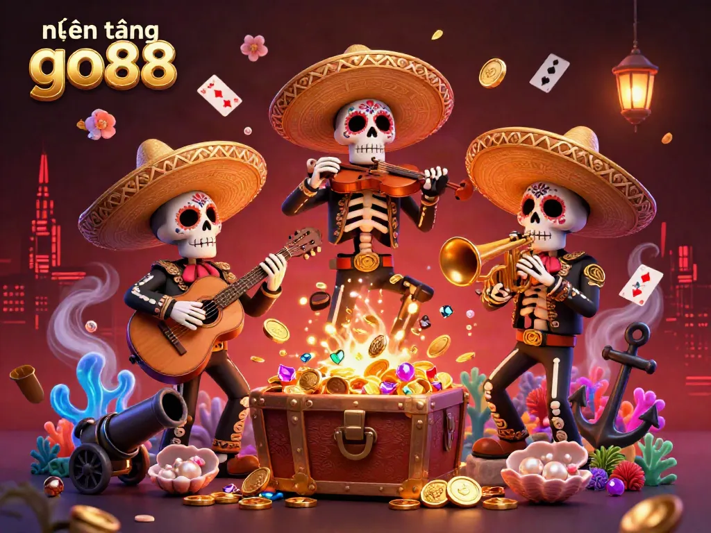 Experience the vibrant energy of nền tảng go88 with a festive 3D mariachi band amidst dazzling casino treasures.