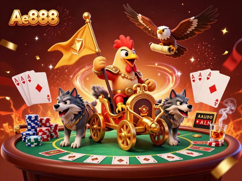 Ae888 Rooster Warlord commands a dynamic casino scene filled with poker elements and vibrant effects.
