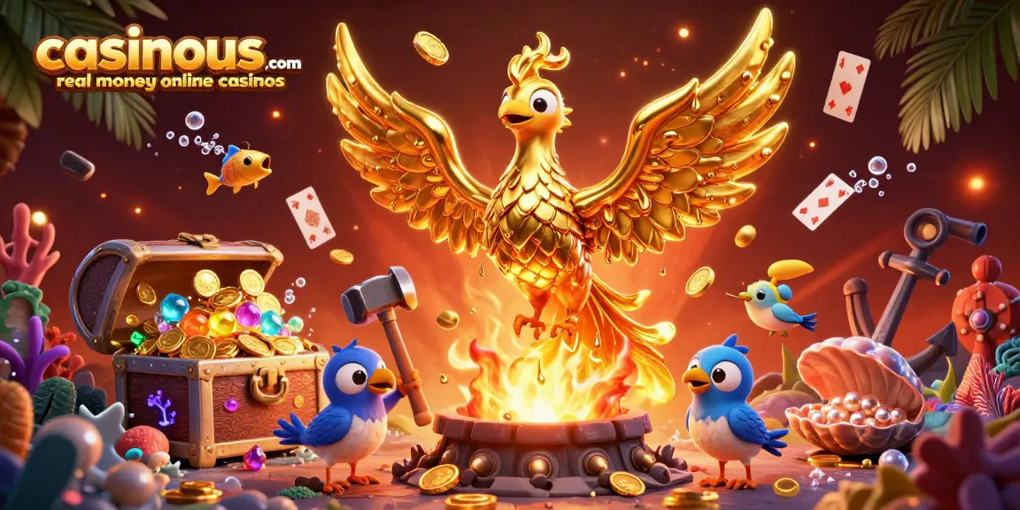 Engage with casinous.com real money online casinos as a phoenix emerges, surrounded by treasure and excitement.