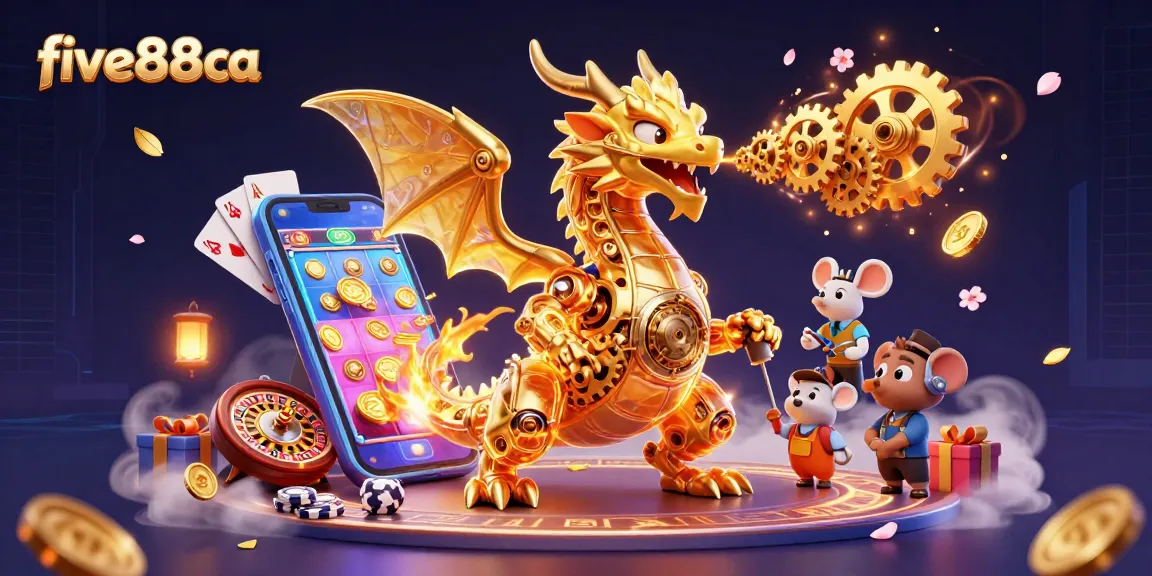 Win big with five88ca's vibrant cartoon scene featuring a golden dragon and casino elements.