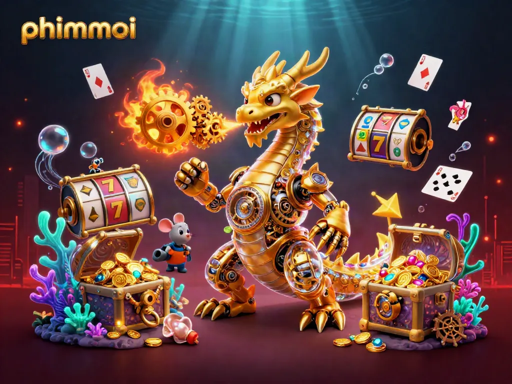 Experience thrilling gameplay at phimmoi with a golden dragon breathing gears and sparkling treasures.