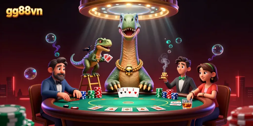 Join the action at gg88vn with a whimsical scene of casino antics featuring a brontosaurus and raptor dealing cards.