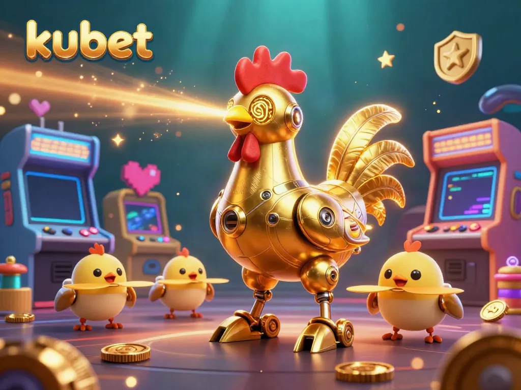 Engage with kubet's thrilling casino world featuring a golden rooster robot amid captivating game elements.
