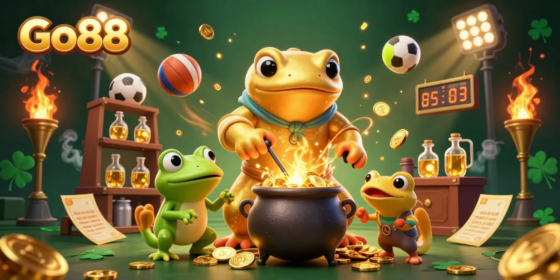 Engage with Go88's exciting gaming experience, featuring gold coins and vibrant sports elements in a lavish 3D illustration.
