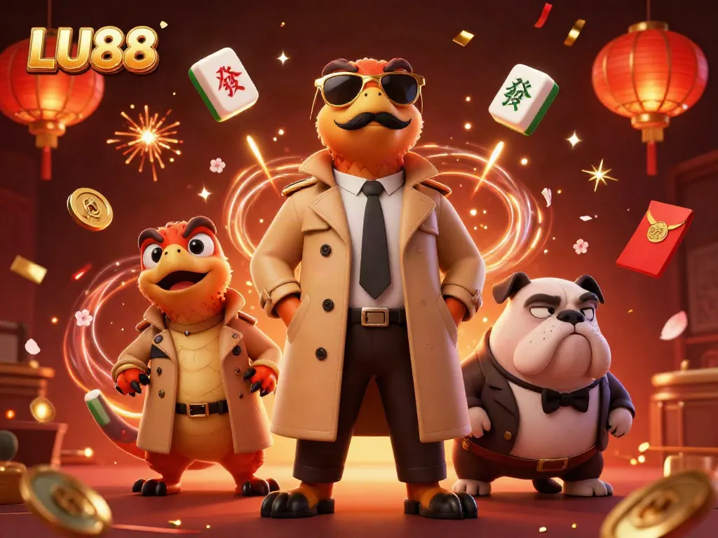 LU88 captivates gamblers with a dynamic scene of playful raptors in a trench coat entering a casino.