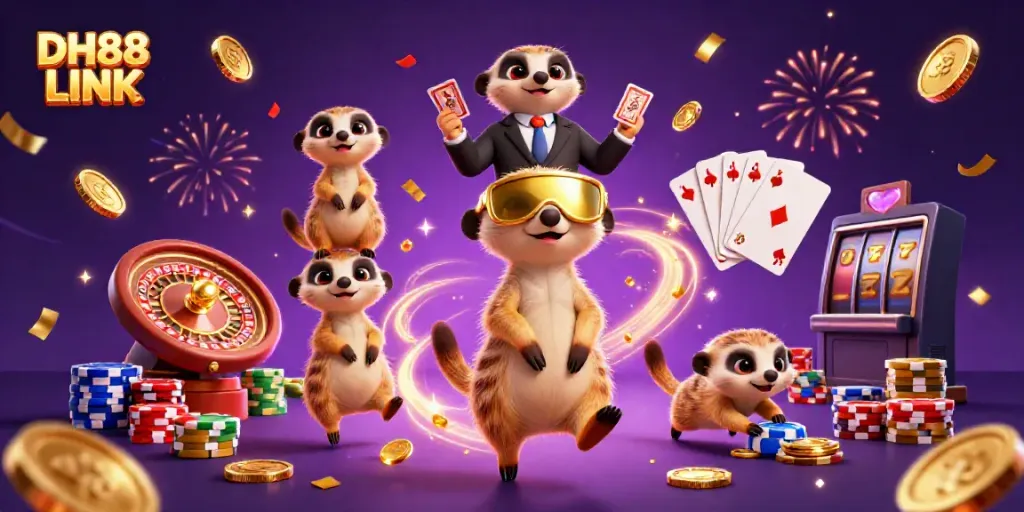 Engage with the exciting DH88 LINK casino scene featuring charming meerkats in action among golden coins and poker chips.