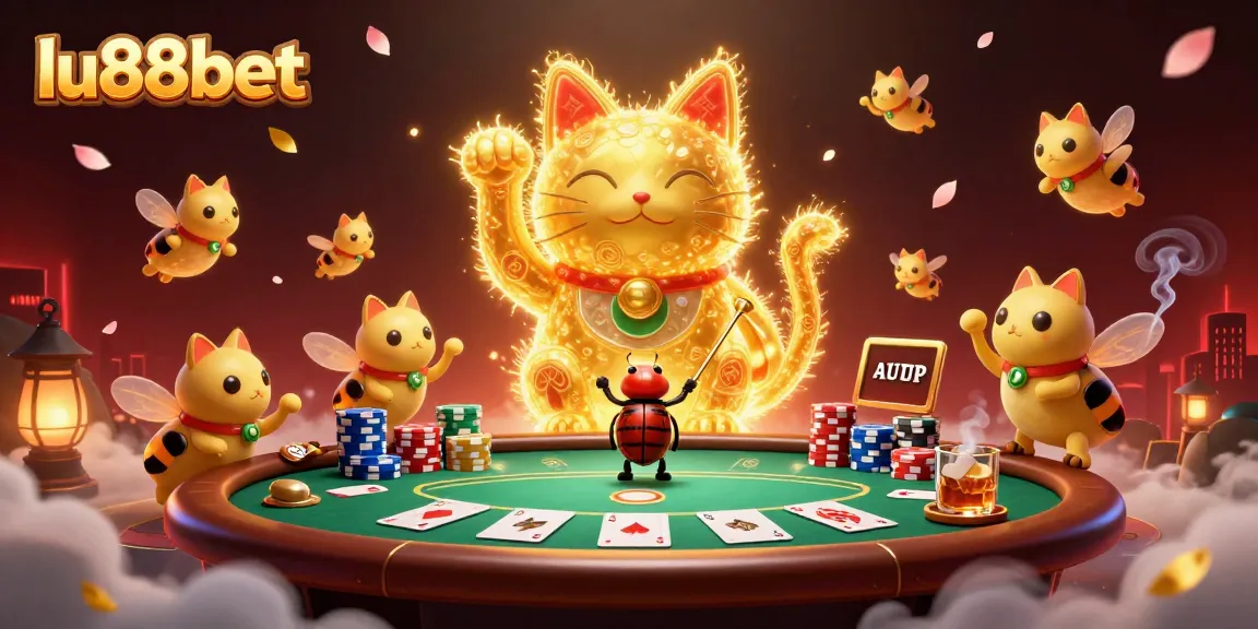 Experience the excitement of lu88bet as a giant lucky cat formed by golden fireflies embraces various casino symbols.