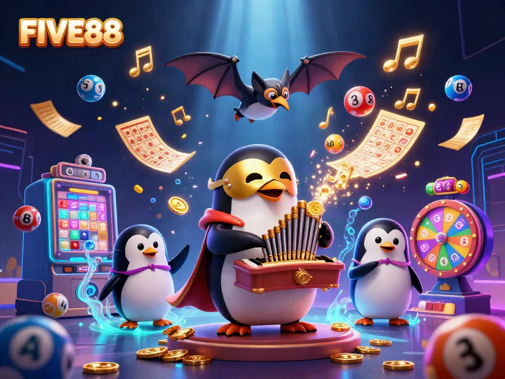 Experience the thrilling fun of FIVE88 with a whimsical penguin playing an organ of gold coins.