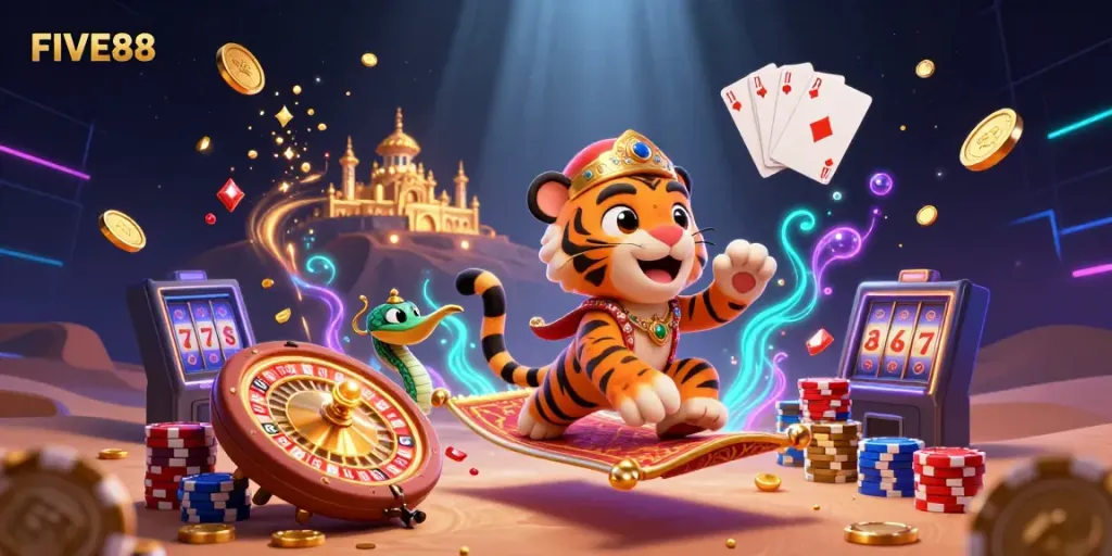 Experience the excitement of FIVE88 with a vibrant scene of a sultan flying through a gold-laden casino world.