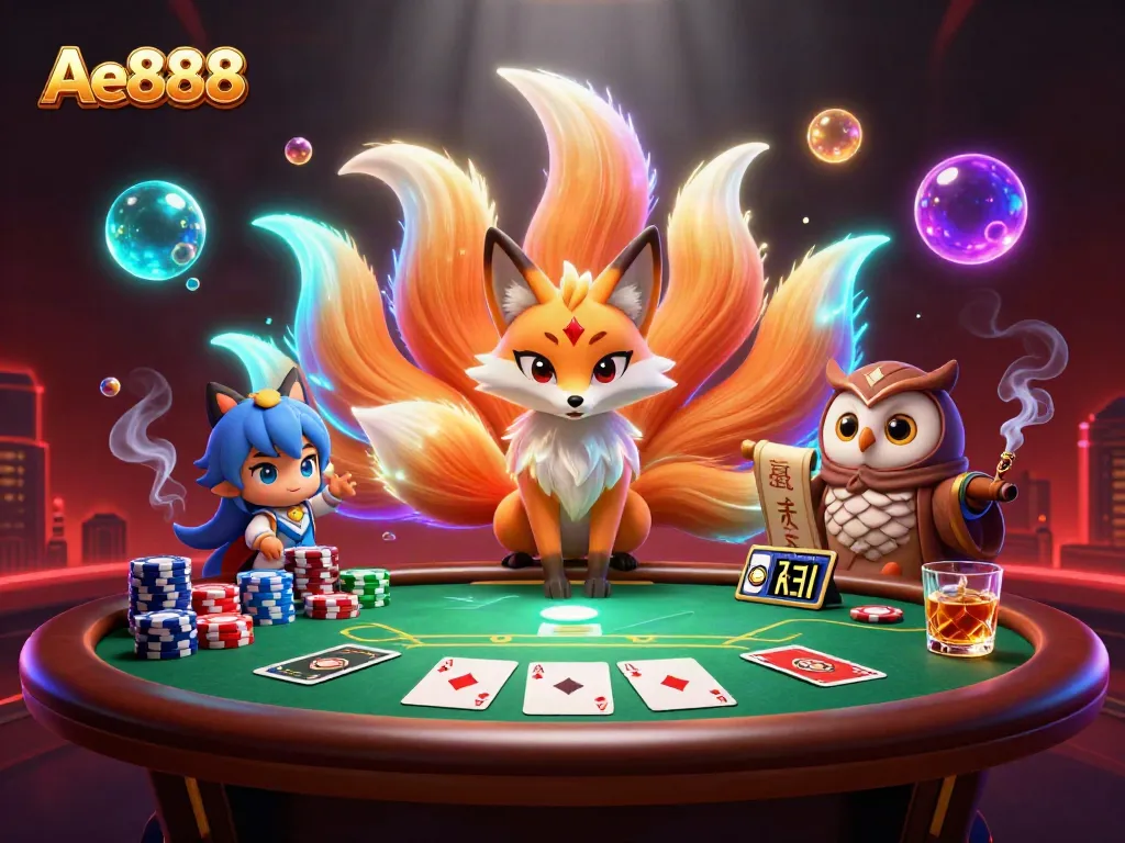 Ae888 showcases a dazzling scene with animated spirits and vibrant poker elements, enhancing casino excitement.