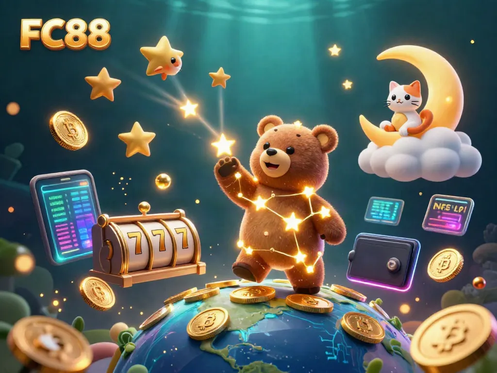 Engage in thrilling gameplay at FC88's vibrant casino scene with golden star characters and slot elements.