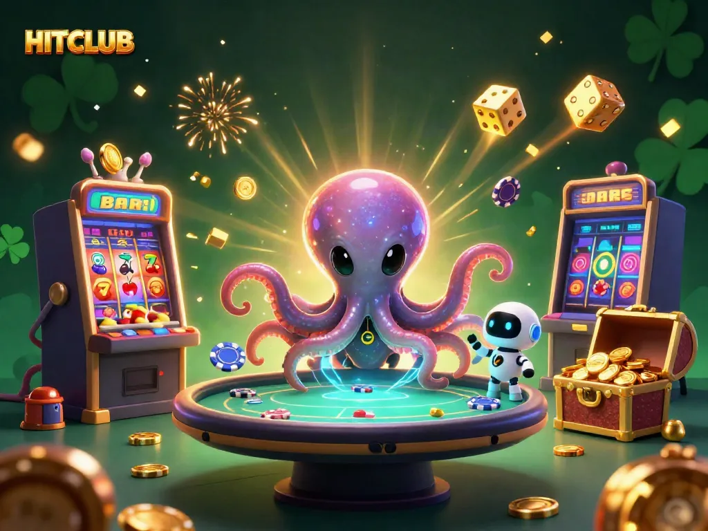 Engage with HITCLUB in a vibrant casino scene filled with games, excitement, and colorful elements.