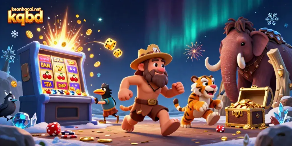 Engage with keonhacai.net kqbd's colorful 3D casino scene featuring prehistoric characters and exciting gaming elements.