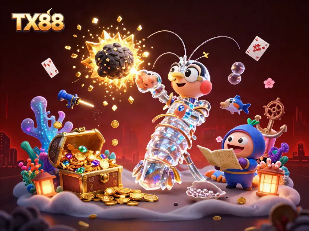 Experience TX88's thrilling online galaxy casino with vibrant characters and treasure elements.