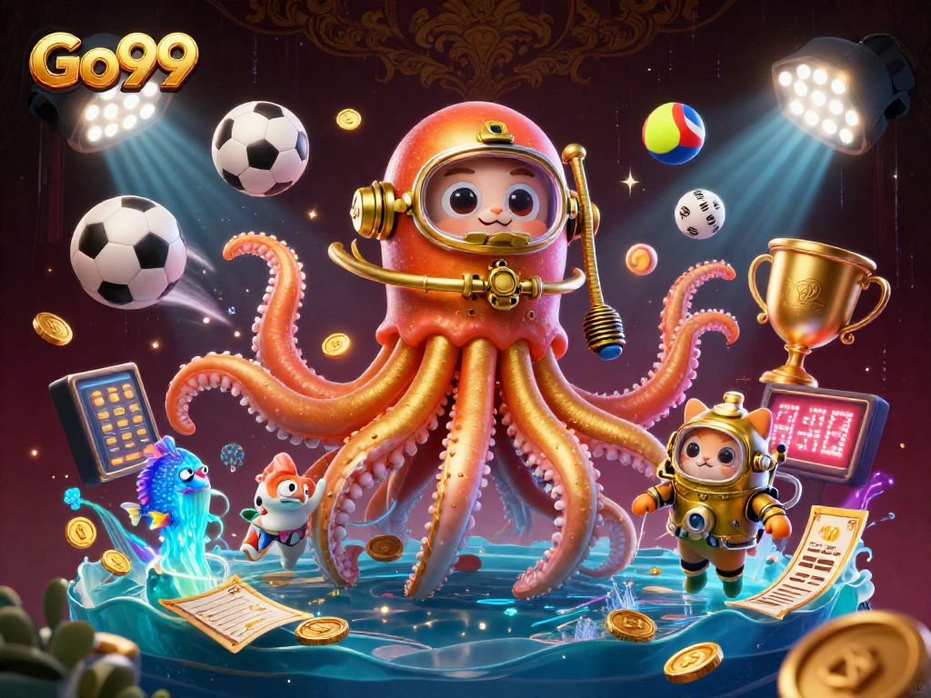 Engage with Go99's thrilling underwater casino realm featuring a kraken and diving cat.