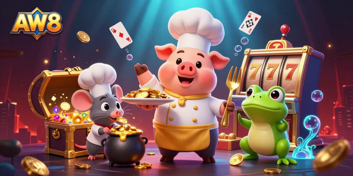 AW8 presents an engaging scene of a cartoon chef pig serving gold coins, with vibrant casino elements.