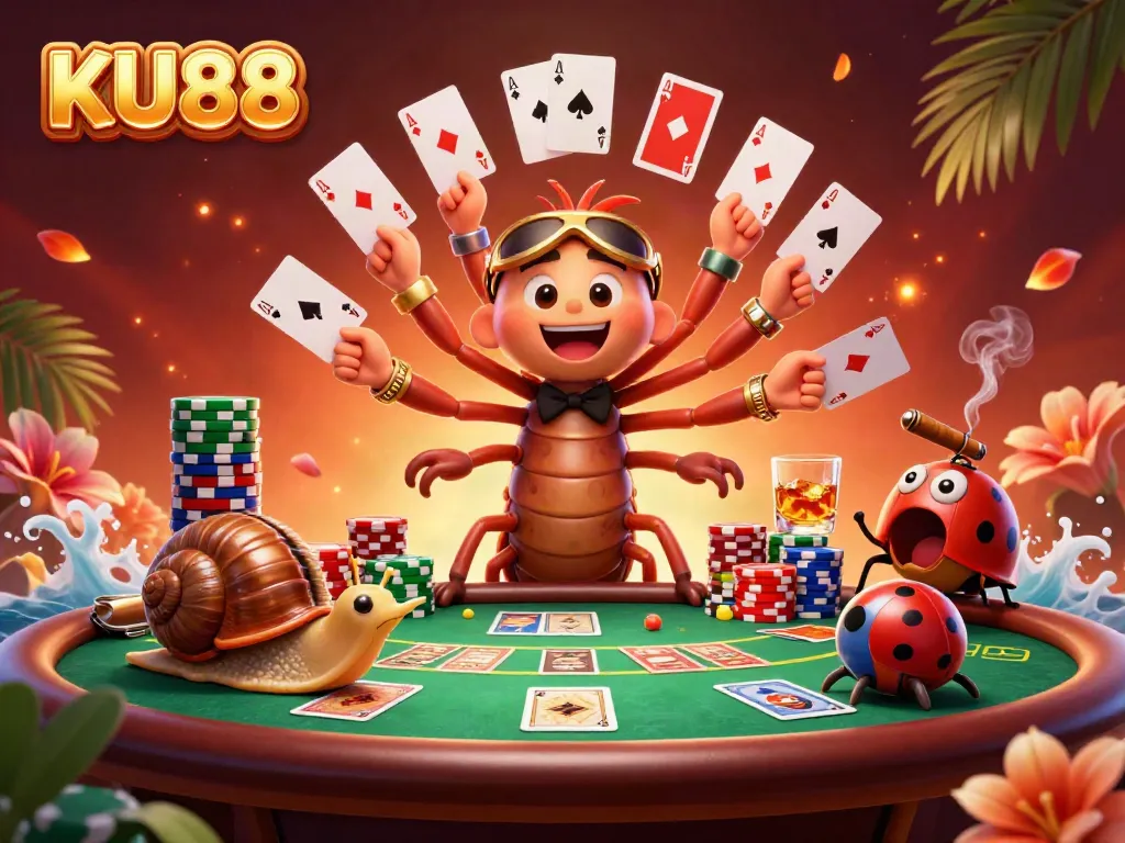 Experience the thrill of KU88 casino with a lively dealer and exciting game elements in this vibrant illustration.