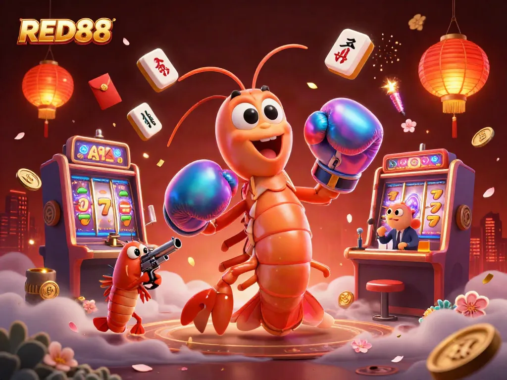 Experience the thrill of RED88 with vibrant characters and slot machines, perfect for online gaming.