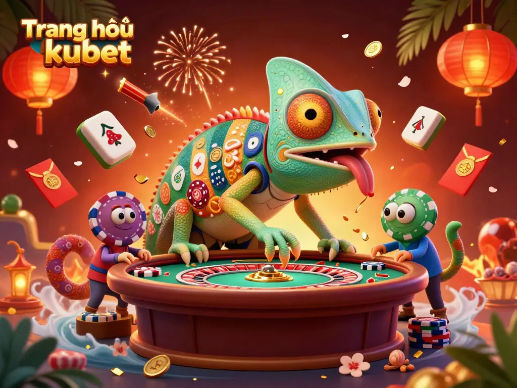 Engage with thrilling games at Trang chủ kubet's vibrant casino scene featuring chameleon owner and golden coins.