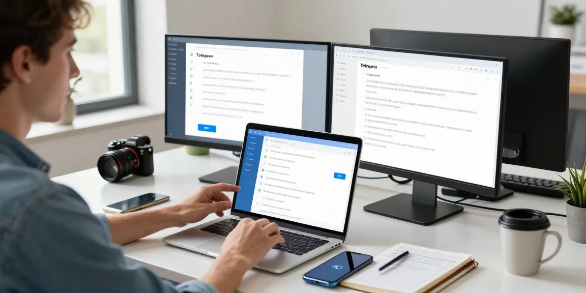 Adjusting Telegram Chinese Version settings on a laptop in a bright tech workspace