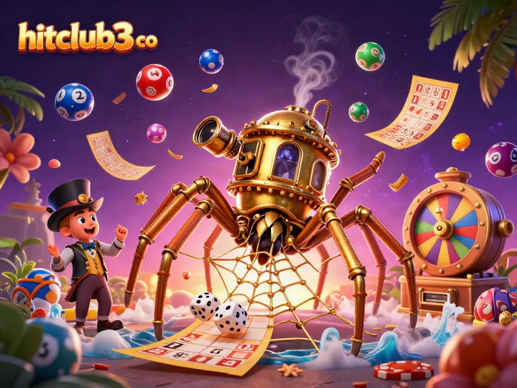 Engage in the thrilling world of hitclub3 co with a dynamic casino-themed scene featuring steampunk elements and colorful game symbols.
