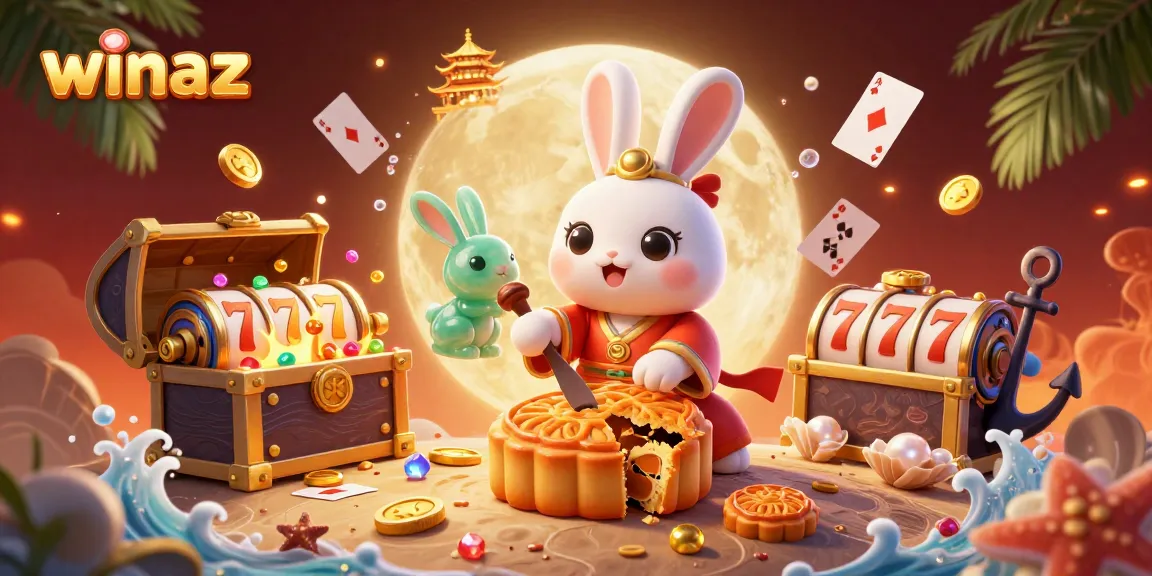 Winaz's moon rabbit reveals poker chips in a vibrant casino-themed 3D illustration.