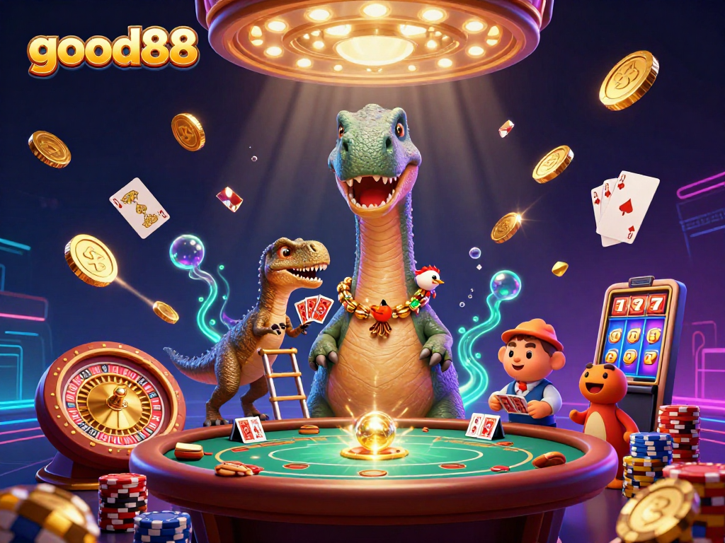 Engage with exciting games and jackpots at good88, featuring a lively casino scene with characters.