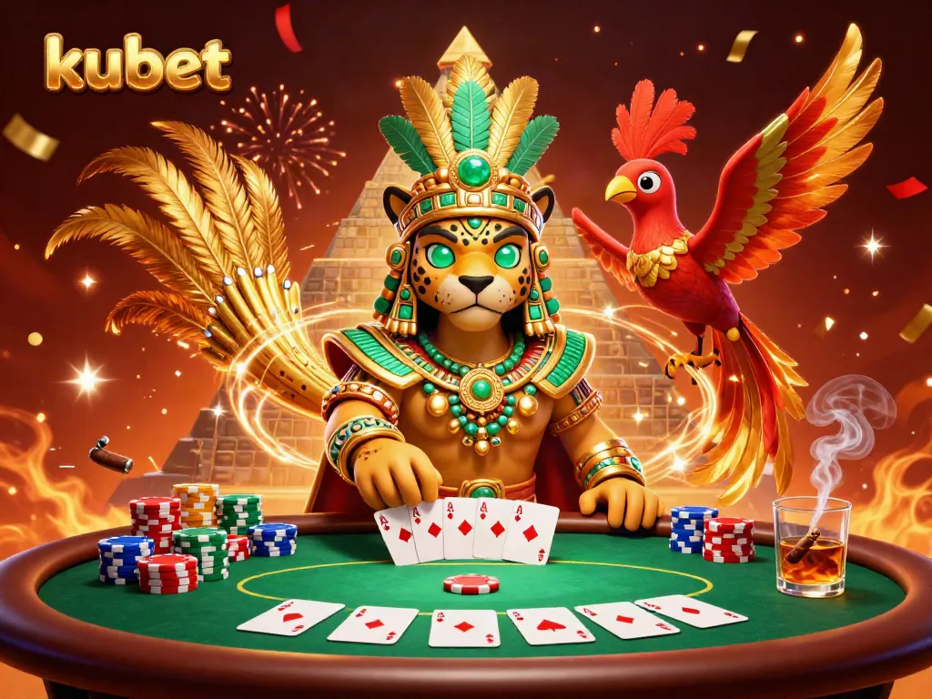 Engage in thrilling poker action with Kubet’s animated 3D Mayan scene, featuring vibrant casino elements.