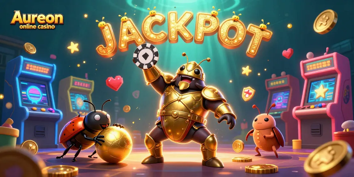 Aureon online casino features a triumphant beetle championing a poker chip, symbolizing winning gameplay.