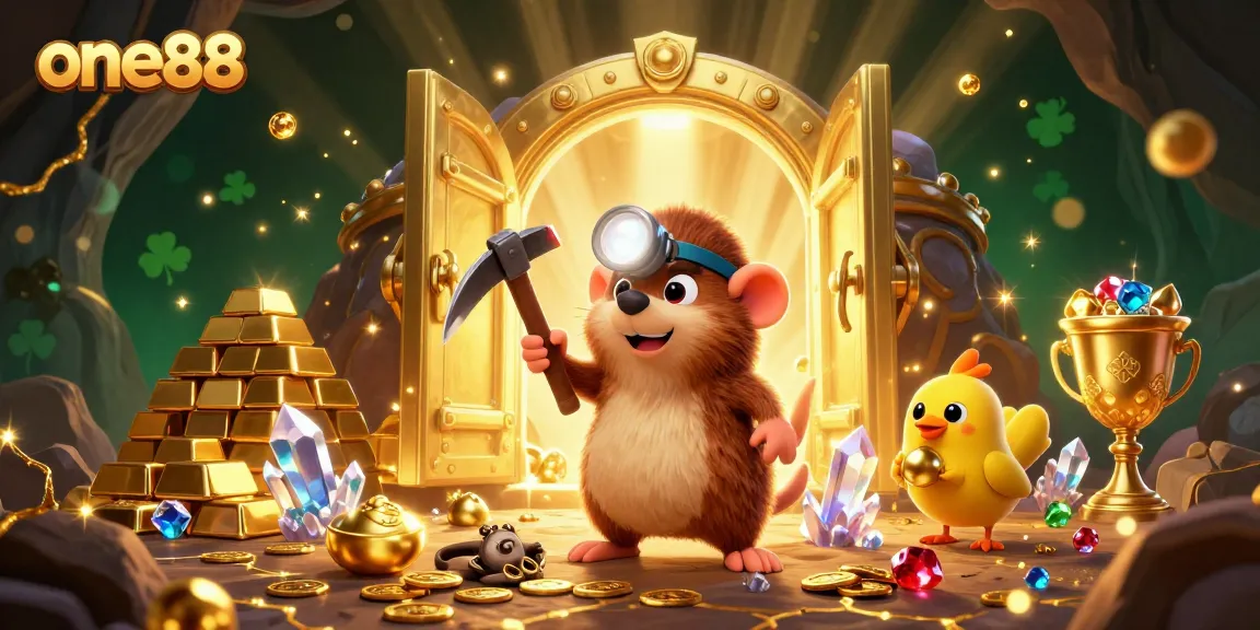 Engage with one88's exciting treasure features in a vibrant casino scene filled with gems.